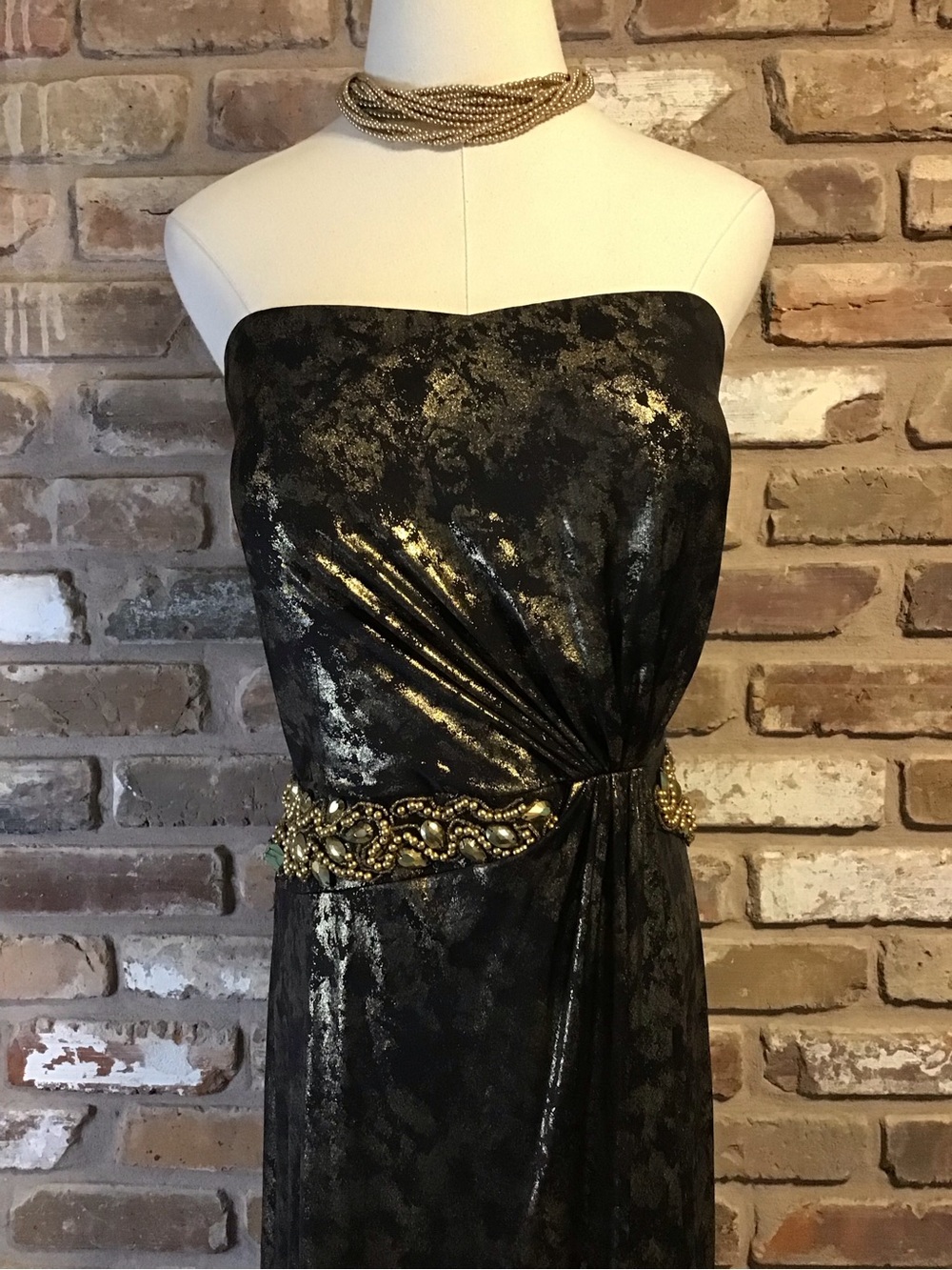 CACHET Women's Strapless Black & Gold Marble Metallic Evening Gown 16 - Picture 4 of 7